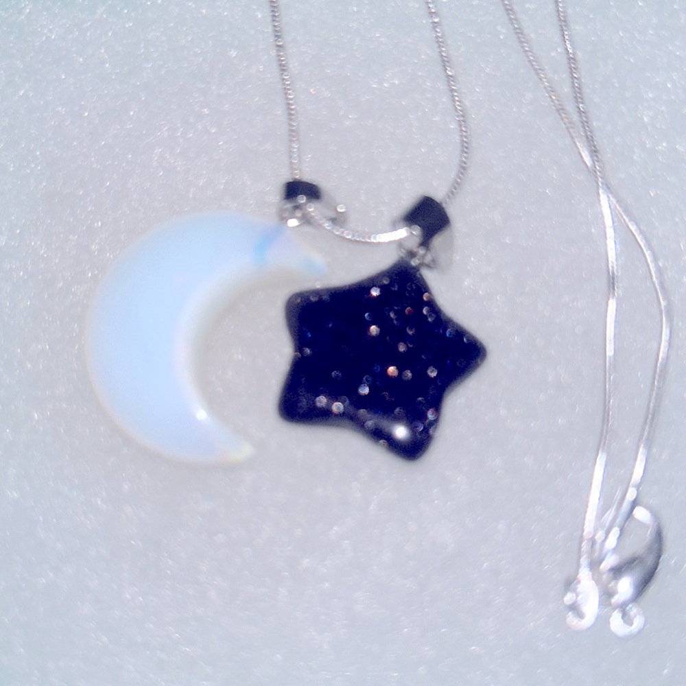 Boho Hippie Natural Blue Goldstone Star & Opal Moon Silver 24” Ne… - Picture 6 of 6